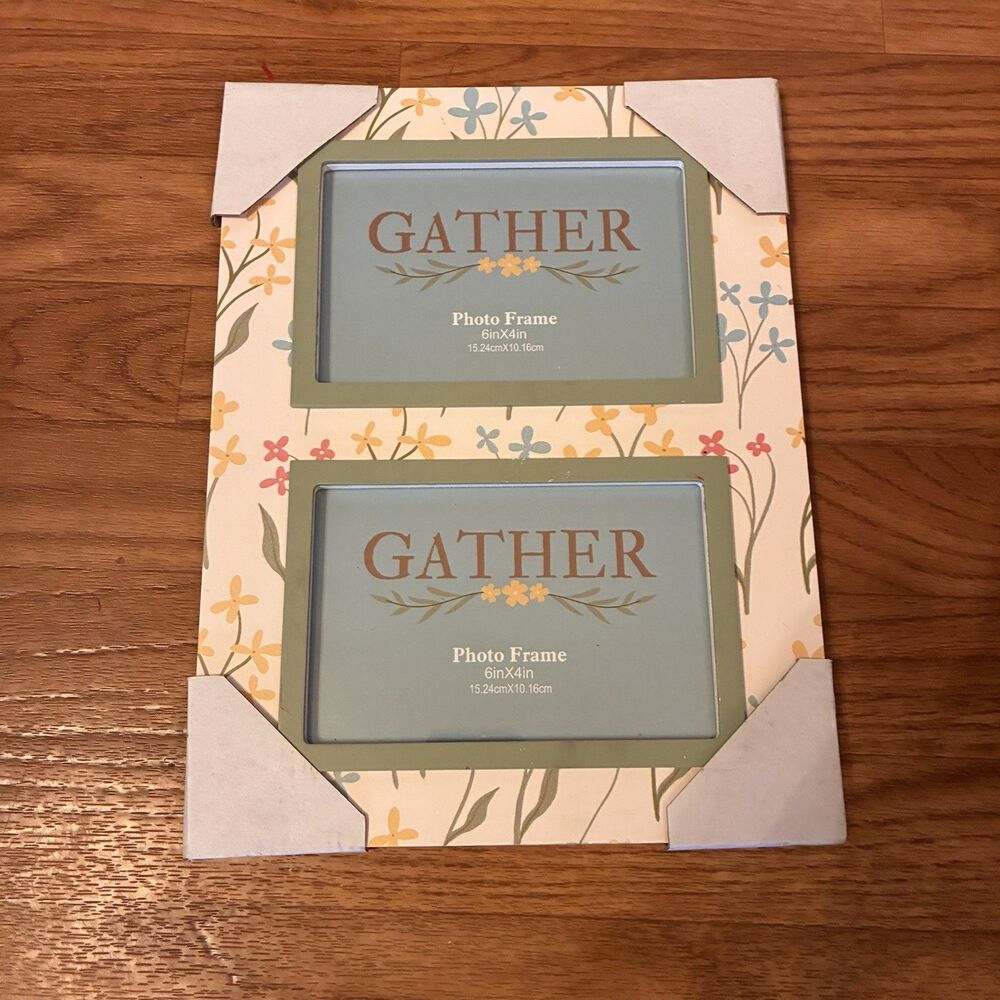 Gather Floral Double Frame Holds Two 6”x4” Photos. Green Trim. 8.5x11” Frame New